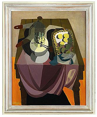 Still life with an oil lamp and a basket of eggs on a table