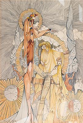 Stylised figures in a landscape