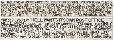 The Devil You Say!, August 1960, and Somehow, Pinckney Michigan Doesn't Have the Charm of Hell, two signs