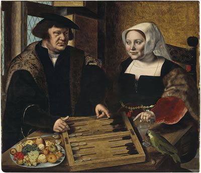 Double portrait of a husband and wife, half-length, seated at a table, playing tables