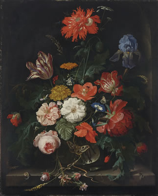 A fringed red poppy, a tulip, an iris, roses, poppies and other flowers with insects in a glass vase on a stone ledge by Abraham Mignon - Auction record, sale price, and art valuation. Compare with similar artists and explore comparable artworks.
