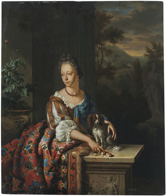 Portrait of a young lady with a spaniel, possibly Dina Margareta de Bye (1680-1740), a landscape beyond
