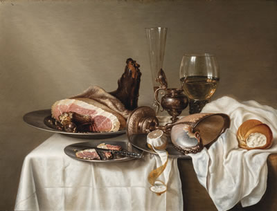 A ham and a partially peeled lemon on pewter platters, with a nautilus cup, a roemer, a façon de Venise, a mustard pot and a bread roll on a partially draped table by Maerten Boelema Stomme - Auction record, sale price, and art valuation. Compare with similar artists and explore comparable artworks.