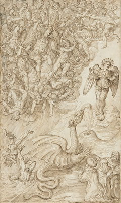 Saint Michael and his angels fighting the angels of the dragon