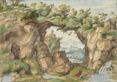 A rocky arch with figures by a stream, and buildings in a hilly landscape beyond