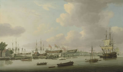 The Adams shipyard from the Isle of Dogs, with His Majesty’s new frigate Ambuscade ‘on the stocks’, dressed with flags and ready for launching, 17 September 1773