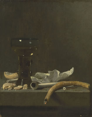A roemer, clay pipe and a lit taper on a ledge