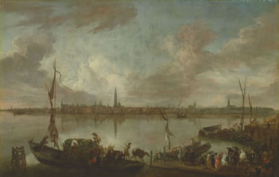 Antwerp, seen from the further bank of the Scheldt, with boats and figures on the shore