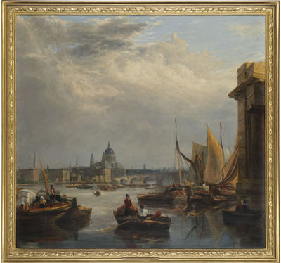 St. Paul's from the Surrey side of Blackfriars bridge, figures and sailing barges in the foreground