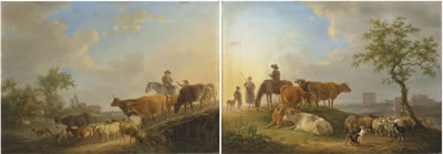 Herdsmen crossing a bridge with sheep and cows; and A Herdsman with his family on a grassy knoll with cows and sheep