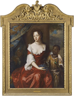 Portrait of a lady, three-quarter-length, seated, in a red dress and white chemise, holding a bunch of grapes, with a page at her side