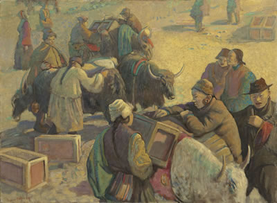 The 1924 British Mount Everest Expedition: sherpas loading yaks with supplies