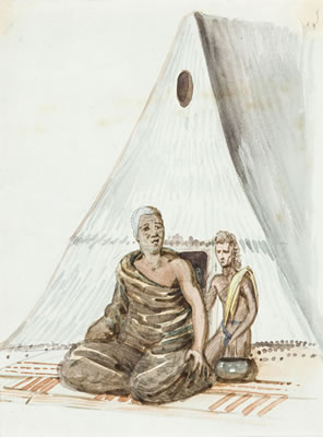 A tattooed woman of the Radak Islands, wearing a crown; Californian Indian woman's dress; and [King Kamehameha and atttendant, Sandwich Islands], Hawaii