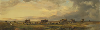 A Caravan of Gauchos and their Wagons crossing the Pampas