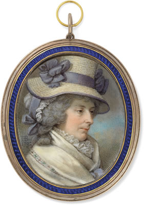 A lady, in dress with high lace collar, wearing a large straw bonnet with lilac ribbons