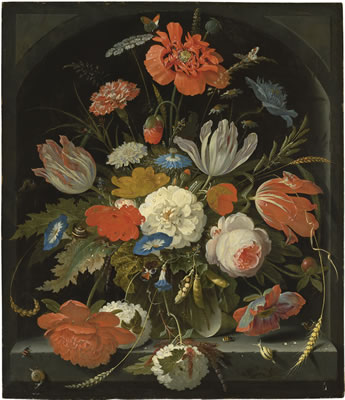 Flowers in a glass vase, with snails and insects, in a niche