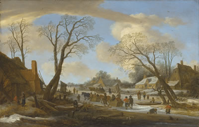 A winter village landscape with peasants on a frozen waterway