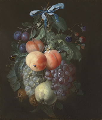 A festoon of fruit, hanging from a nail with a blue ribbon by Pieter Gallis - Auction record, sale price, and art valuation. Compare with similar artists and explore comparable artworks.