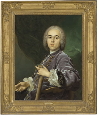 Portrait of Jacques Roettiers (1707-1784), half-length, in a mauve jacket, holding a medallion