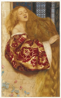 Rapunzel sings from the Tower '.... in the fire Of sunset, I behold a face, Which sometime, if God give me grace, May kiss me in this very place' (Rapunzel - William Morris)