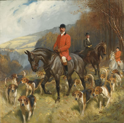 Mr & Mrs Lewis Priestman on hunters with the Braes of Derwent hunt, in a landscape