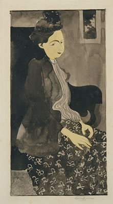 Femme assise avec un chapeau à plumes