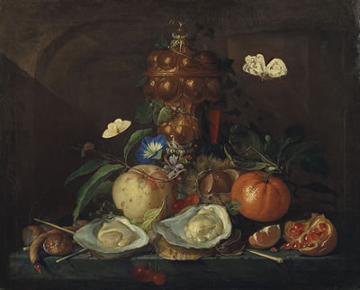 Nature morte aux huitres, papillons, fruits et hanap