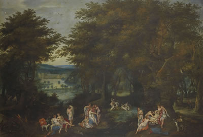 Paysage de forêt avec Diane découvrant la grossesse de Callisto, et une vue du prieuré de Groenendael