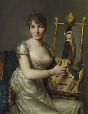 Portrait de Madame Larmoyer, de trois-quart, tenant une lyre-guitare