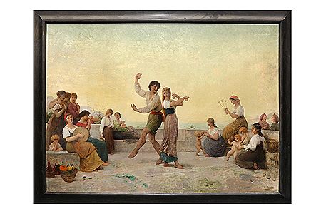 A young couple dancing on a coastal terrace.