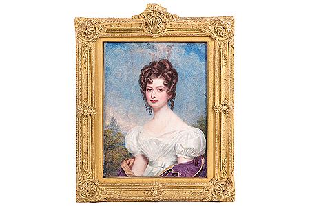 Portrait miniature of Mrs Goad, later Lady Bradford, facing left, wearing a white silk and gauze dress, ochre-lined plum cloak around her arms, her dark hair dressed in curls, landscape background by William John Newton - Auction record, sale price, and art valuation. Compare with similar artists and explore comparable artworks.