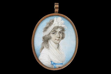 Portrait miniature of a Lady, wearing white dress with blue ribbon sash and white fichu, a white bandeau tied in her long powdered curled hair