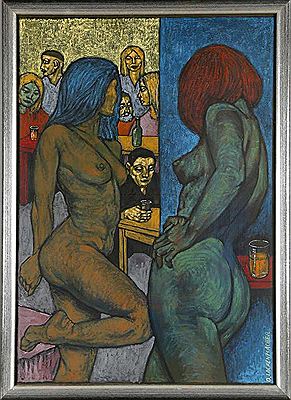 Pub scene, signed with men and naked women