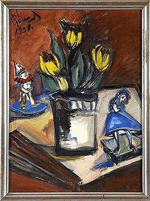 Yellow tulips with clown doll