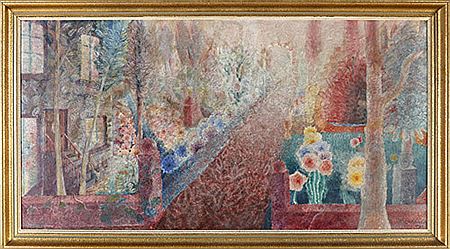 Straßenzug mit Häusern und Blumen