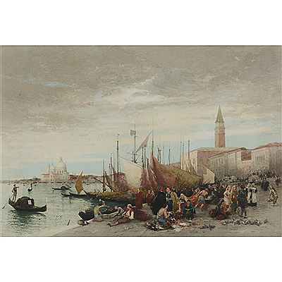 Fisherfolk before the Doges Palace with Santa Maria de la Salute beyond