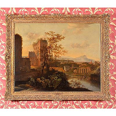 A town on a river, with ruins