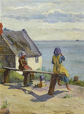 'Runswick Bay' - Girls on a Bench outside Lady Palmer's Cottage by J Houghton Hague - Auction record, sale price, and art valuation. Compare with similar artists and explore comparable artworks.