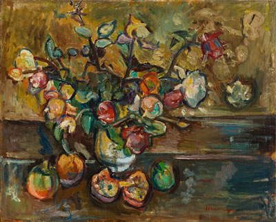 Still life with bunch of flowers in a vase and fruit
