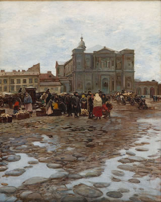 View on Grzybowski Square in Warsaw ("Construction of All Saints Church"), before 1892