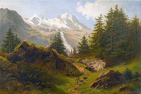 Gebirgslandschaft mit Hirte und Schafen