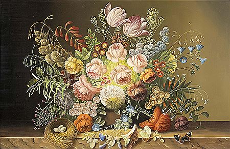 Großes Blumenstillleben mit Vogelnest und Schmetterling