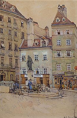 Two pictures: a) Small square with a monument in Vienna, signed lower right: AK Schmidt, b) Quaint corner in Vienna