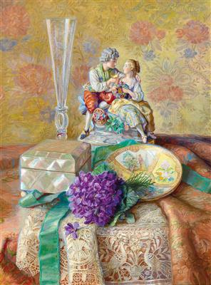 Still Life with Porcelain Figures, Mother-of-Pearl Box and Bunch of Violets