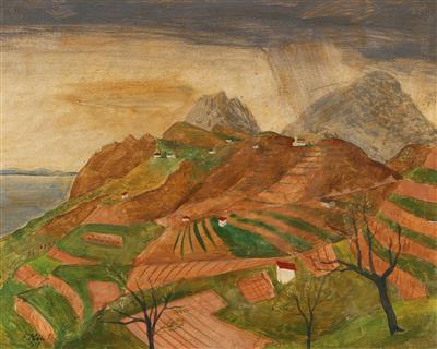 A landscape with hills, mountains and lake