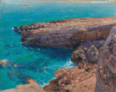 A rocky coast, in the background a sailing boat