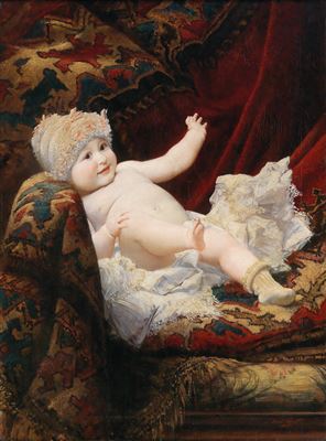 Portrait of a baby with lace bonnet