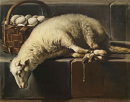 A ligated lamb besides a basket of eggs, an Allegory of Easter