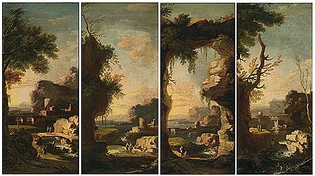 Four rocky river landscapes with figures