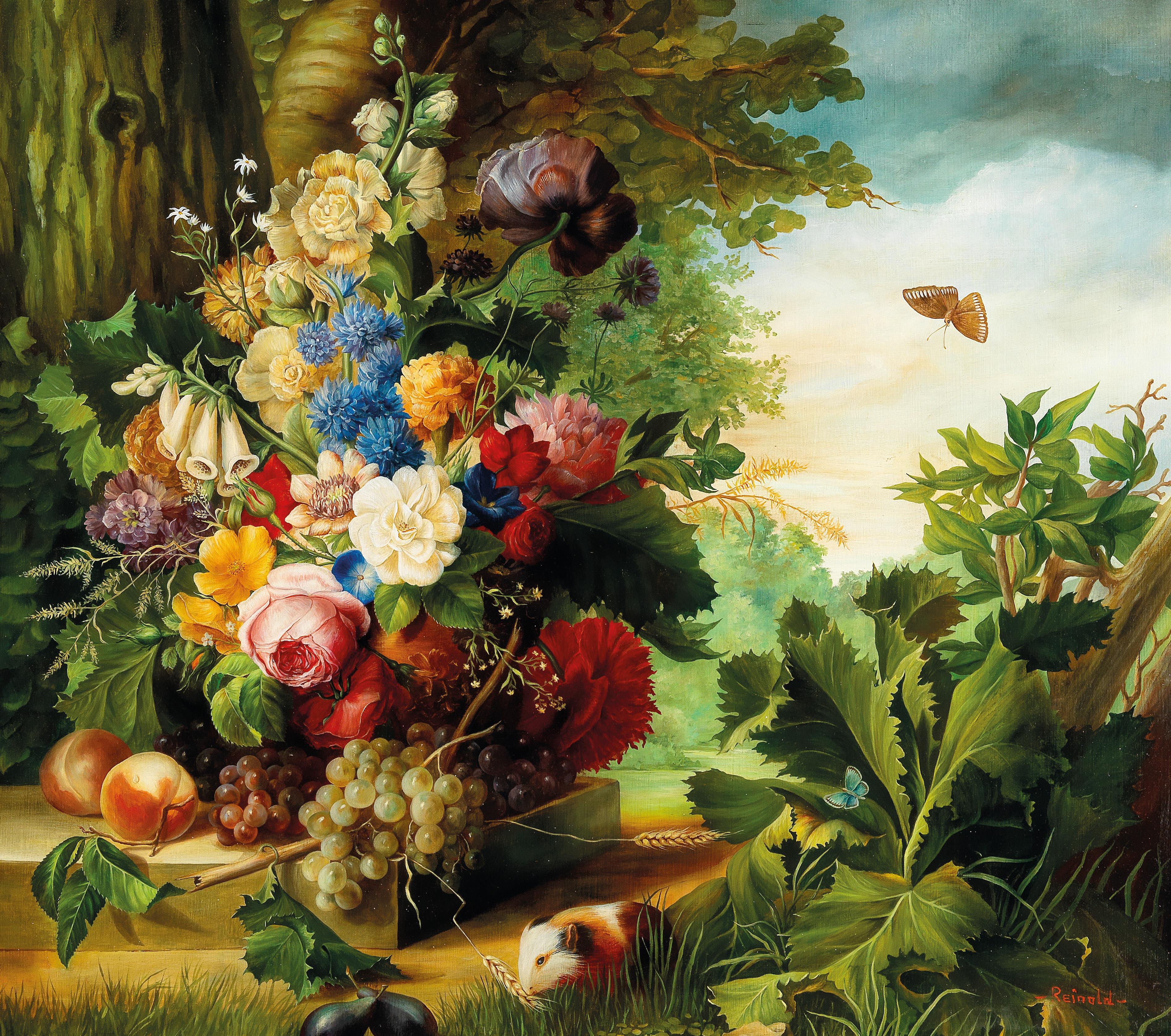Großes Blumenstillleben mit Meerschweinchen und Schmetterling